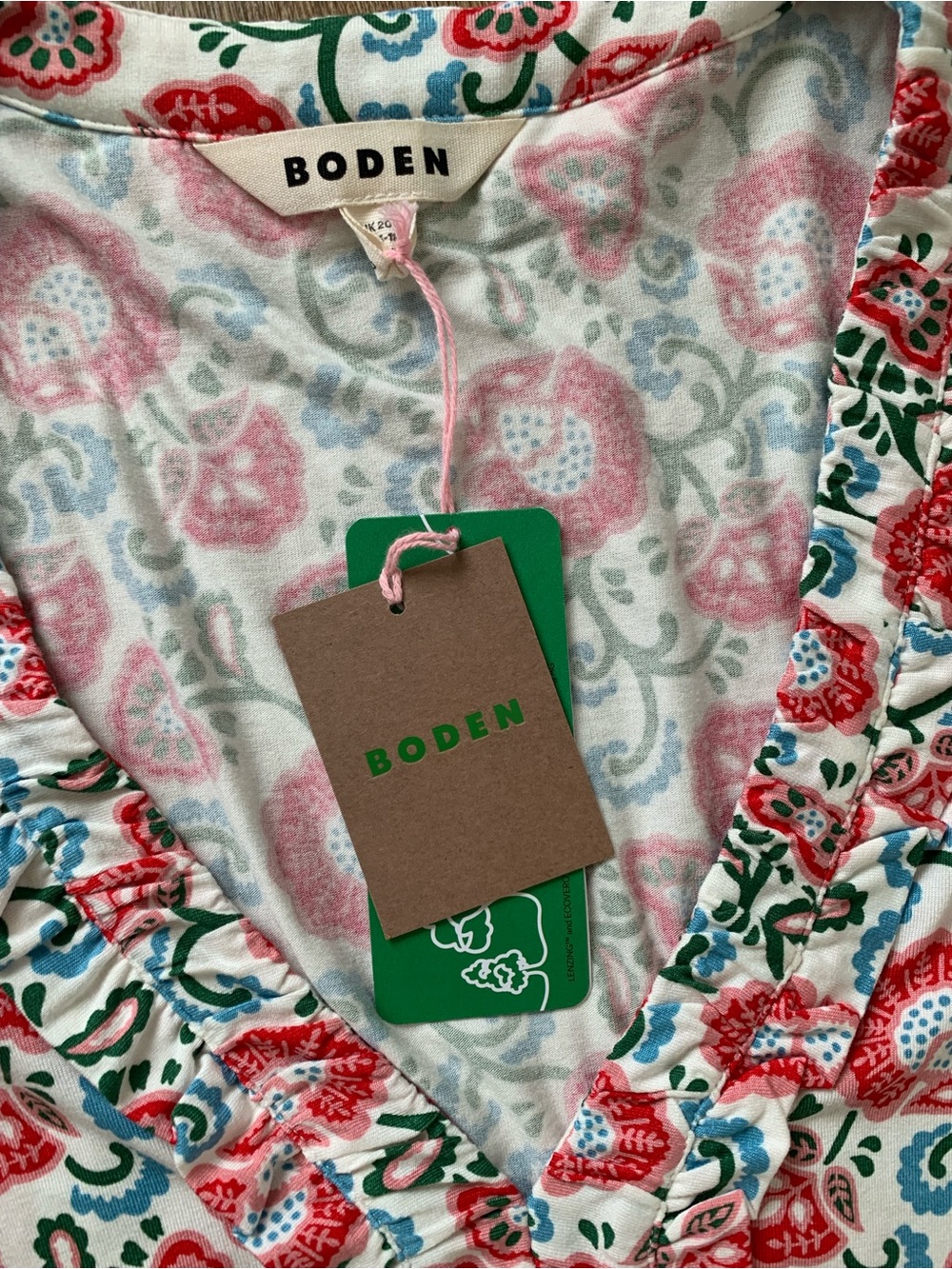 Boden Nicola Jersey Tea Dress Ivory Floral Garden Vine Ruffle Midi Sz 16-18L NEW - Picture 8 of 10